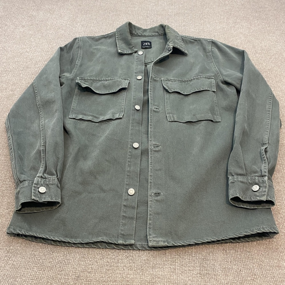 Zara Shirt Jacket Mens Medium Green Cotton Military Shacket Button Front Pockets